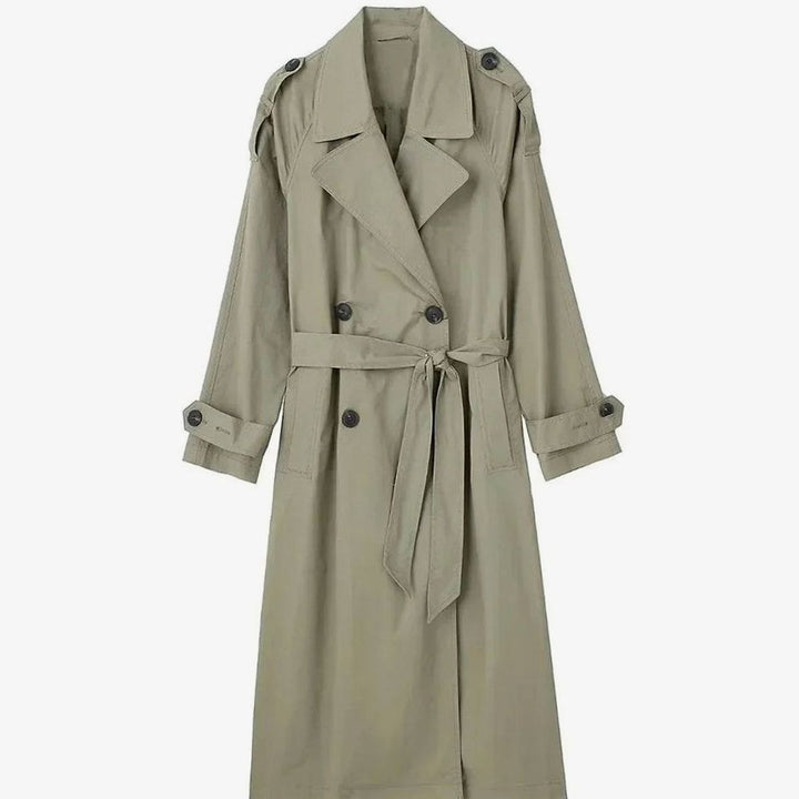 Damen Langer Zweireihiger Trenchcoat mit Bindegürtel - Grün
