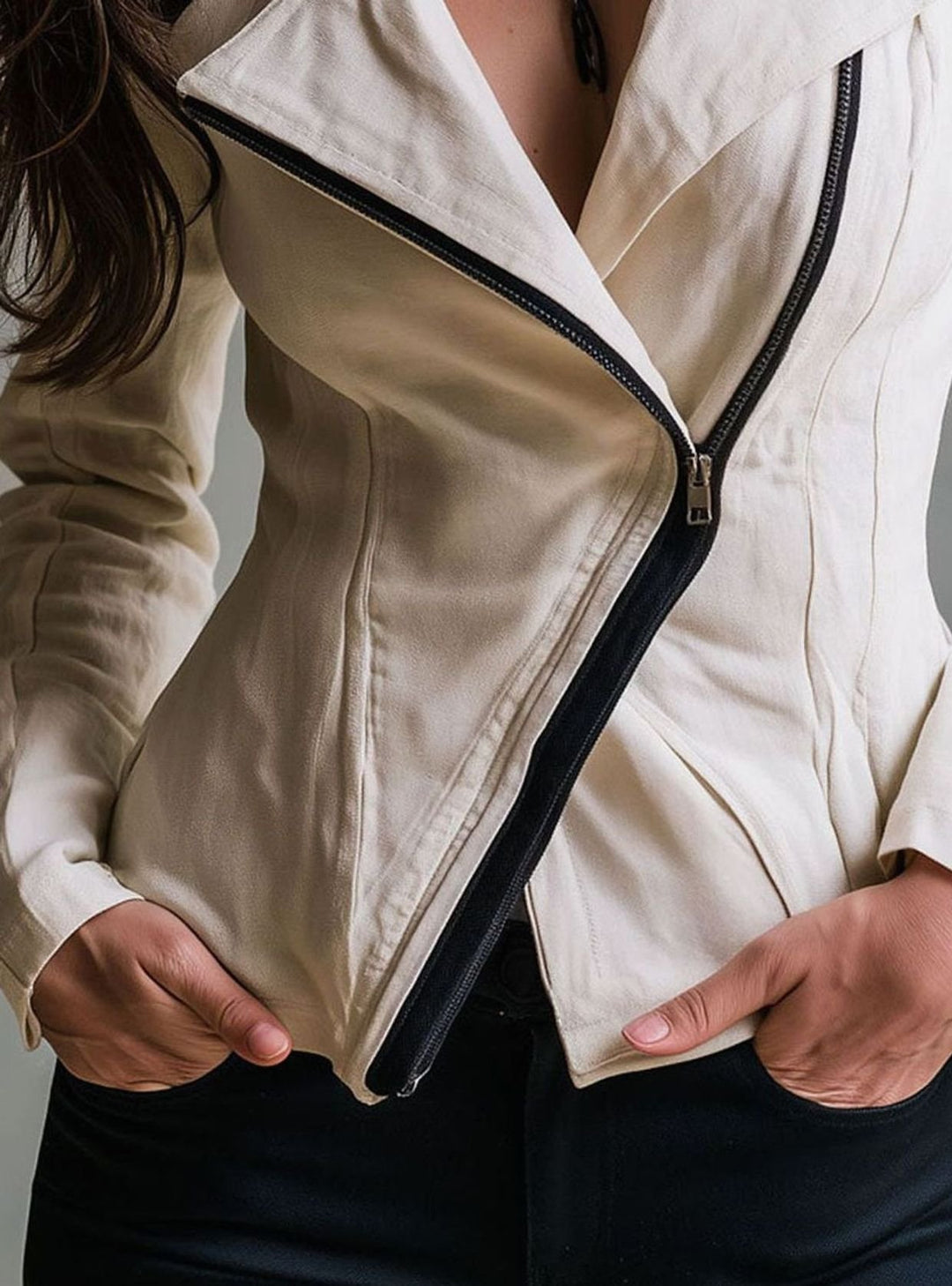 Damen Lederjacke Asymmetrischer Reißverschluss Fitted Moto-Stil