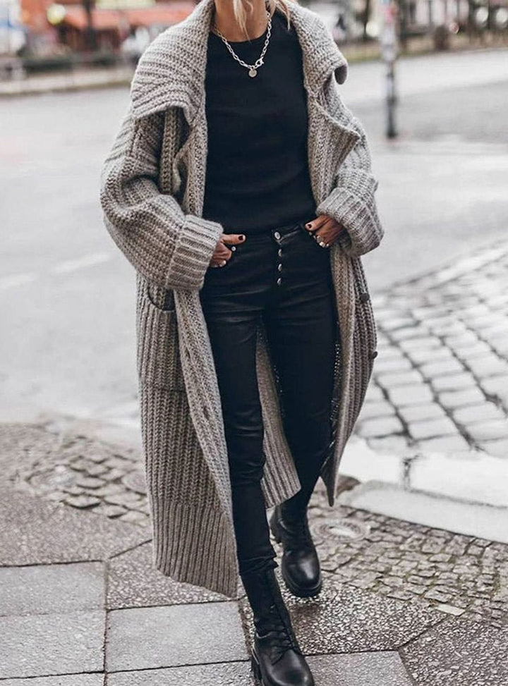 Damen Oversized Longline Grobstrick-Cardigan mit Revers und Knöpfen