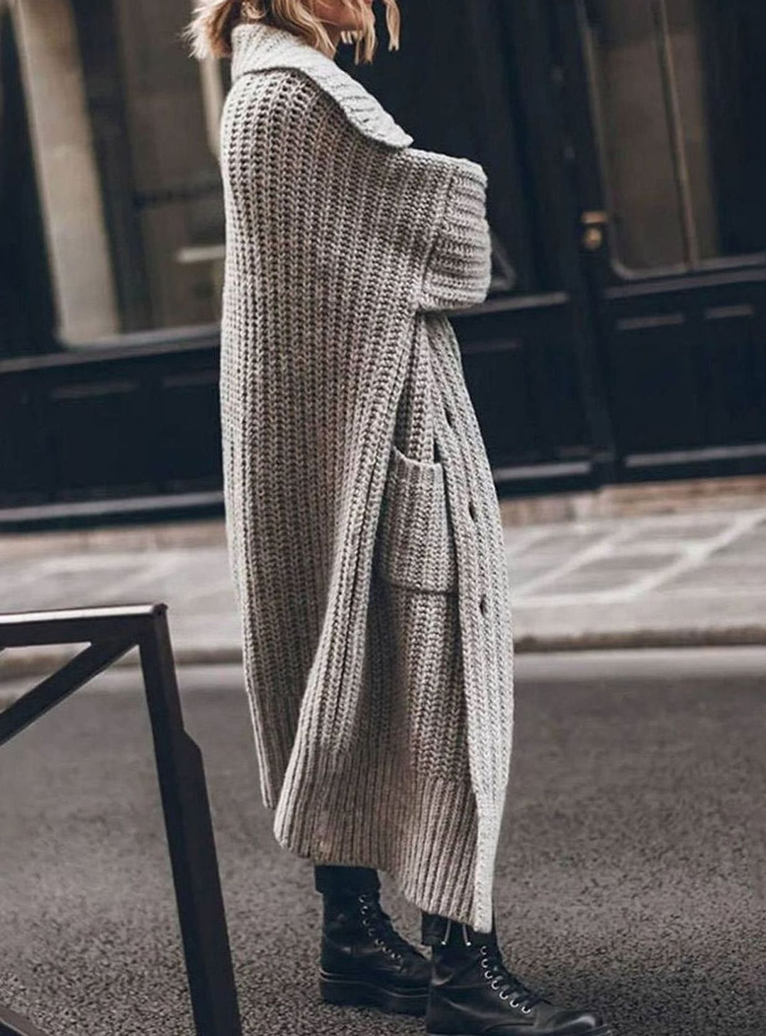 Damen Oversized Longline Grobstrick-Cardigan mit Revers und Knöpfen