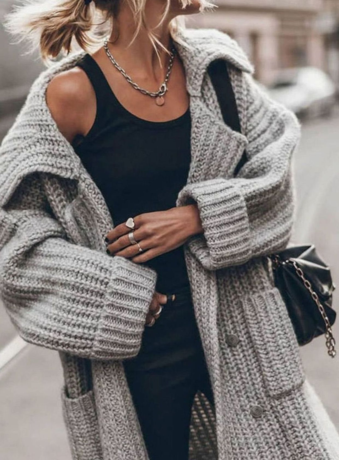 Damen Oversized Longline Grobstrick-Cardigan mit Revers und Knöpfen