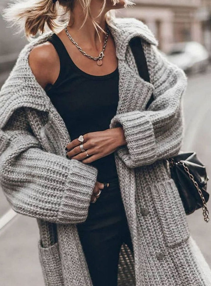 Damen Oversized Longline Grobstrick-Cardigan mit Revers und Knöpfen