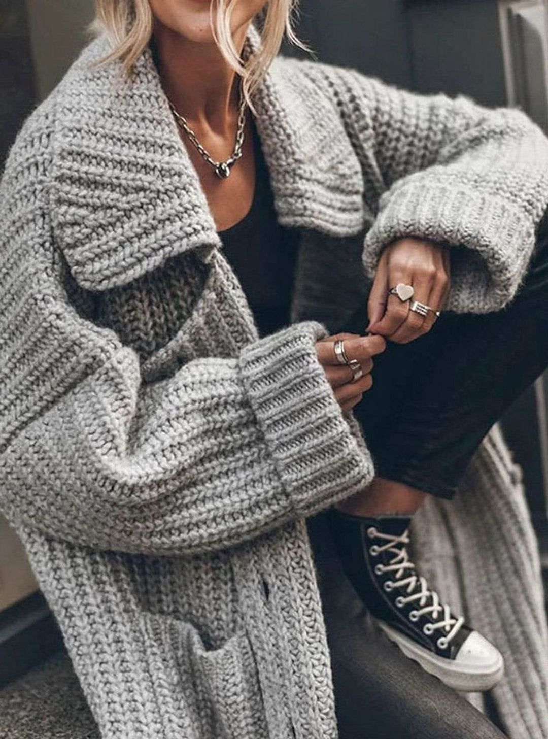 Damen Oversized Longline Grobstrick-Cardigan mit Revers und Knöpfen