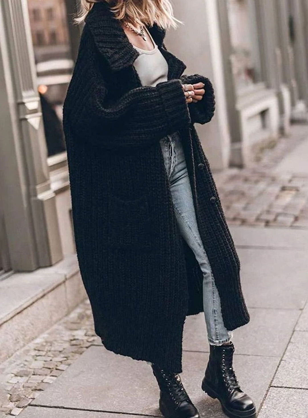 Damen Oversized Longline Grobstrick-Cardigan mit Revers und Knöpfen - Schwarz
