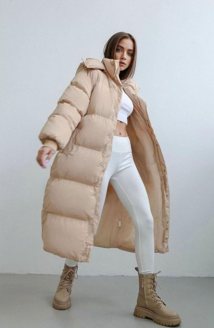 Damen Oversized Puffer Trench Coat Lang Gesteppte Daunenjacke Damen - Khaki