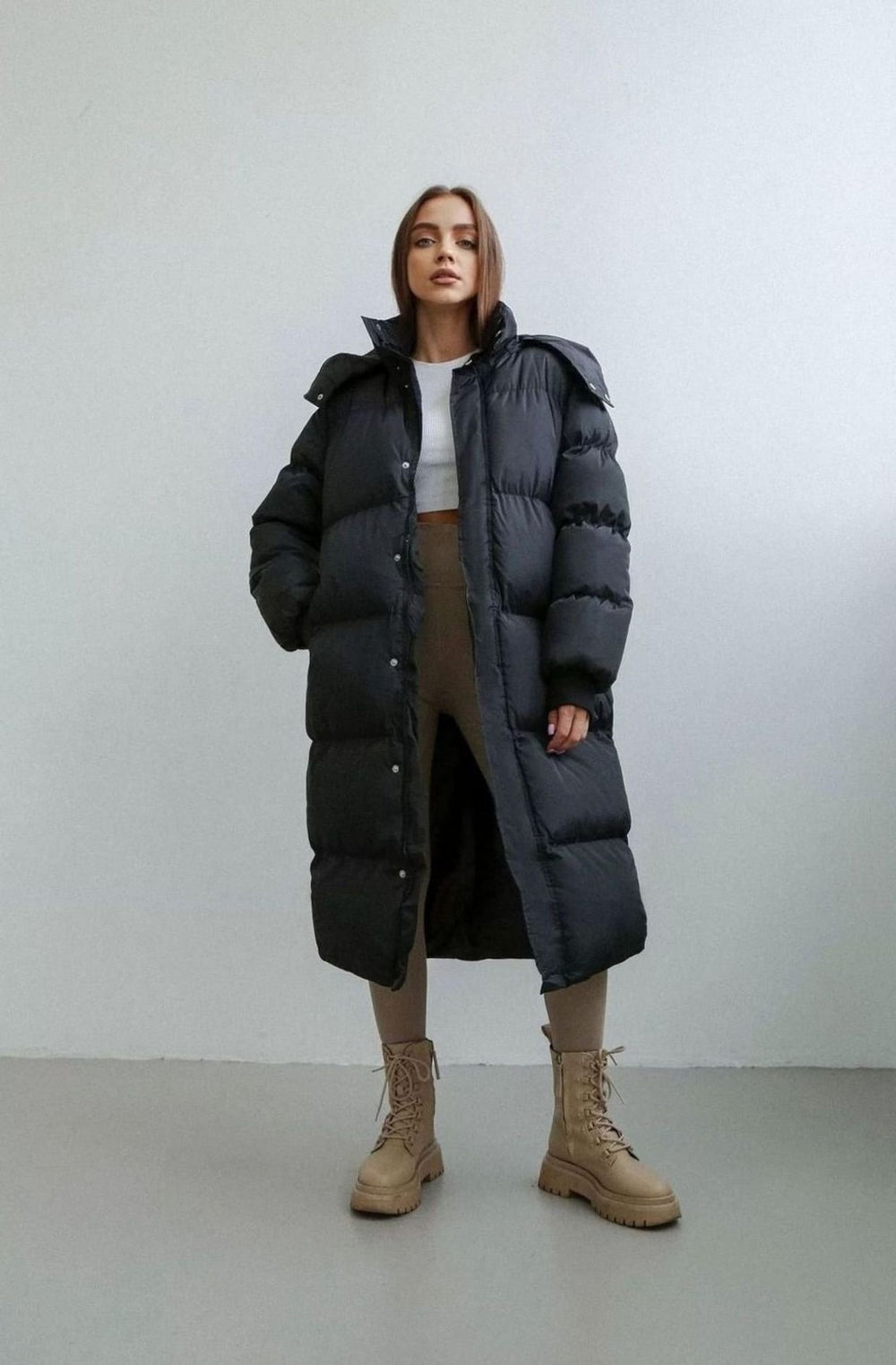 Damen Oversized Puffer Trench Coat Lang Gesteppte Daunenjacke Damen - Schwarz