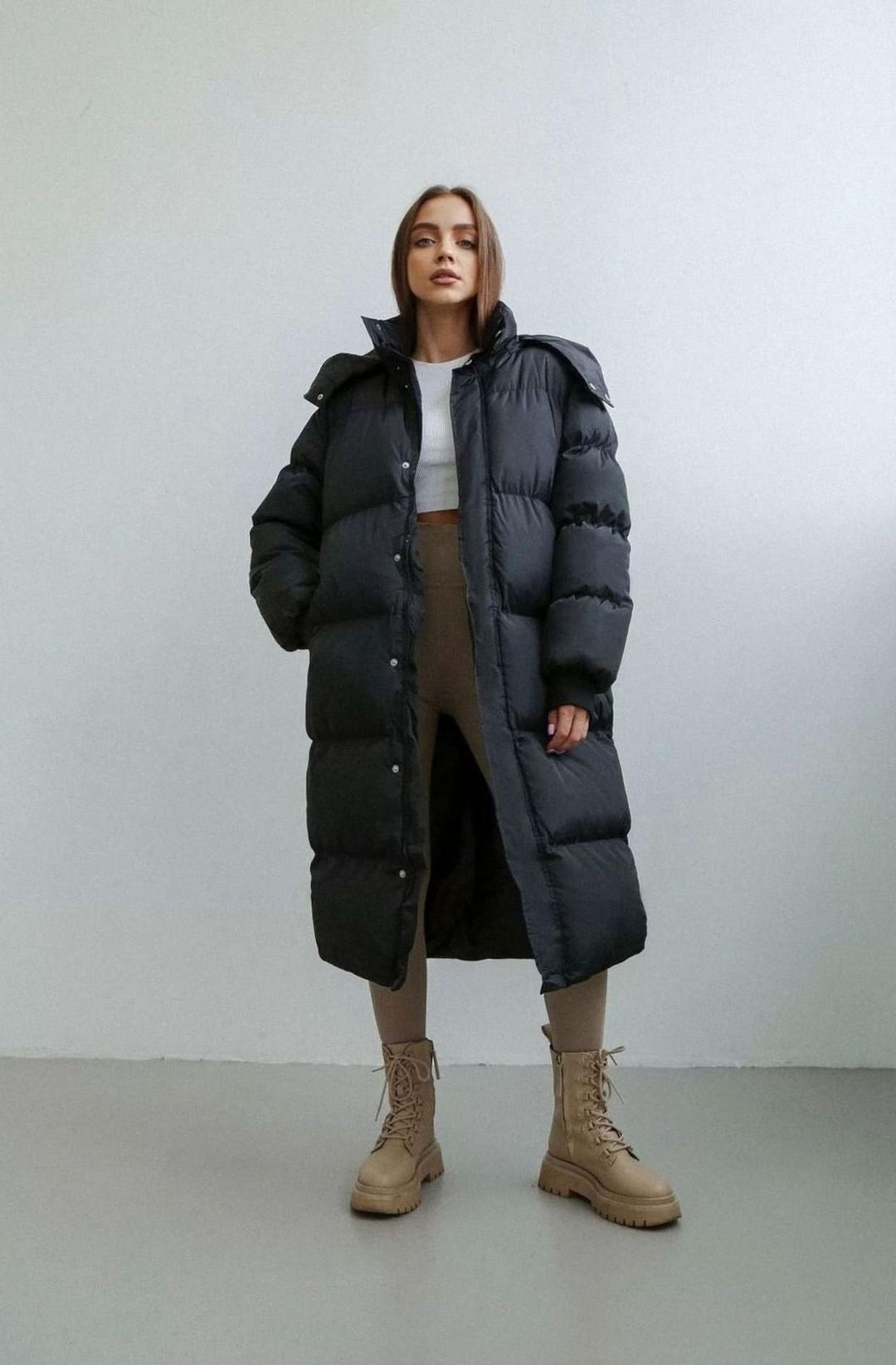 Damen Oversized Puffer Trench Coat Lang Gesteppte Daunenjacke Damen - Schwarz
