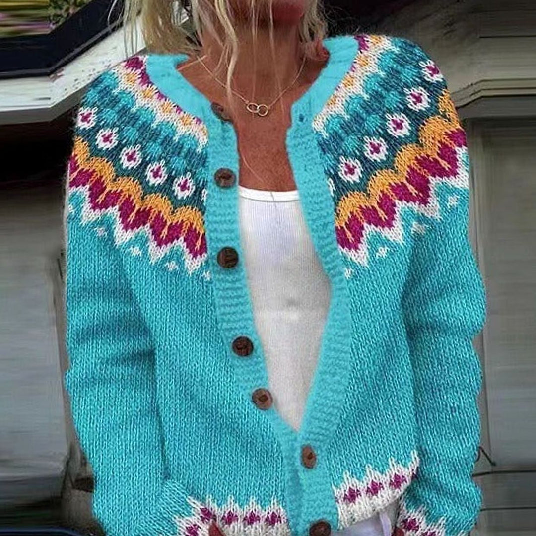 Damen Oversized Retro Strickjacke mit Knopfleiste und Ethno-Muster