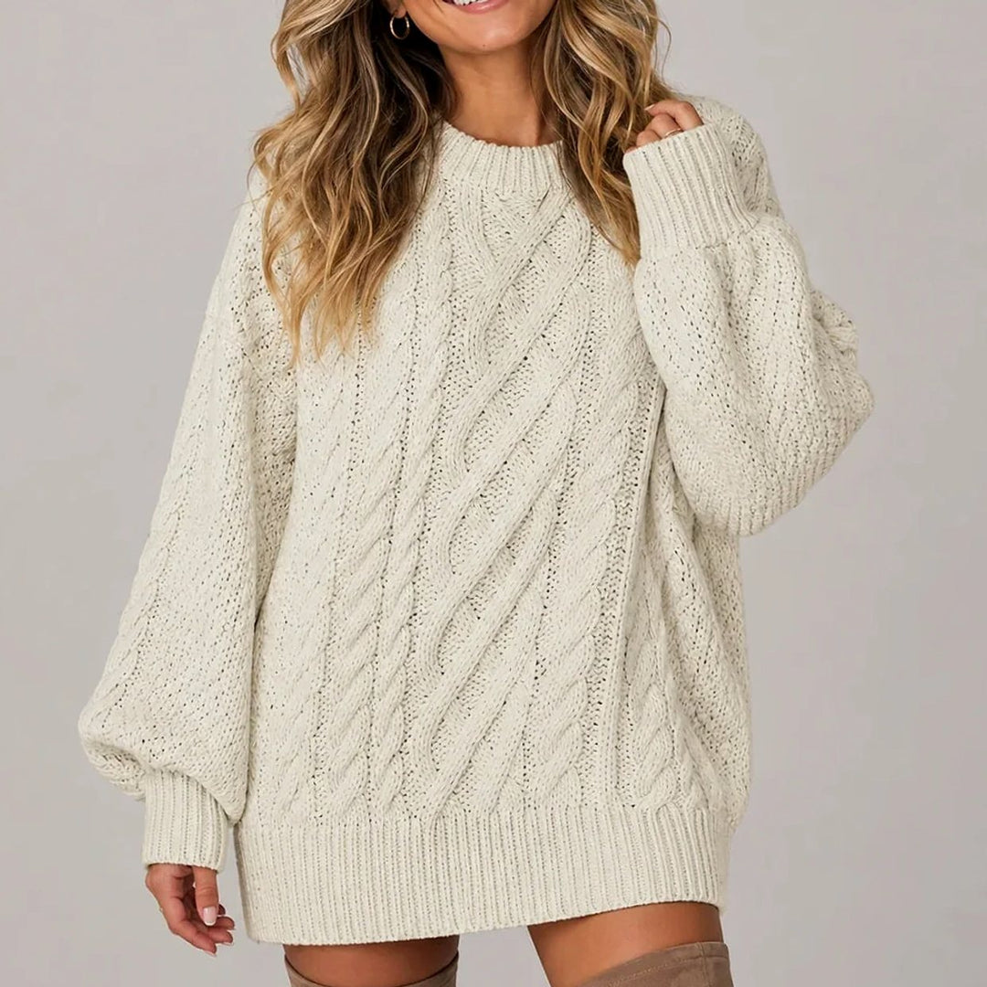 Damen Oversized Strickkleid mit Zopfmuster und langen Ärmeln - Beige