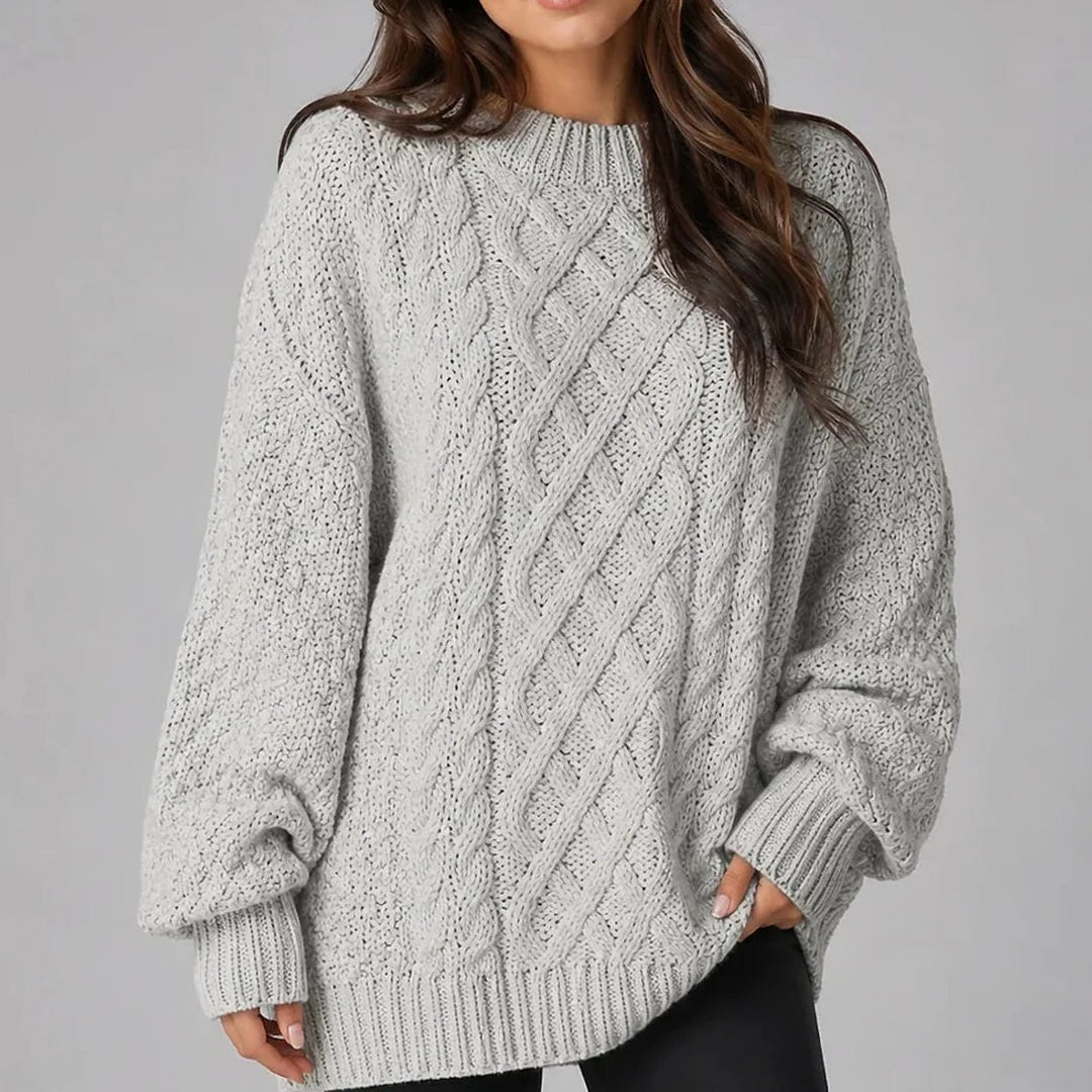 Damen Oversized Strickkleid mit Zopfmuster und langen Ärmeln - Grau