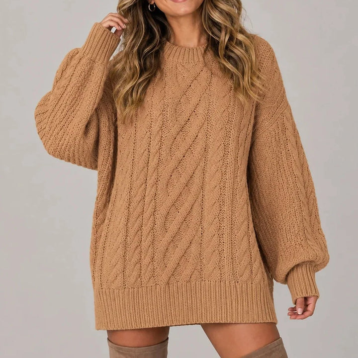 Damen Oversized Strickkleid mit Zopfmuster und langen Ärmeln - Braun