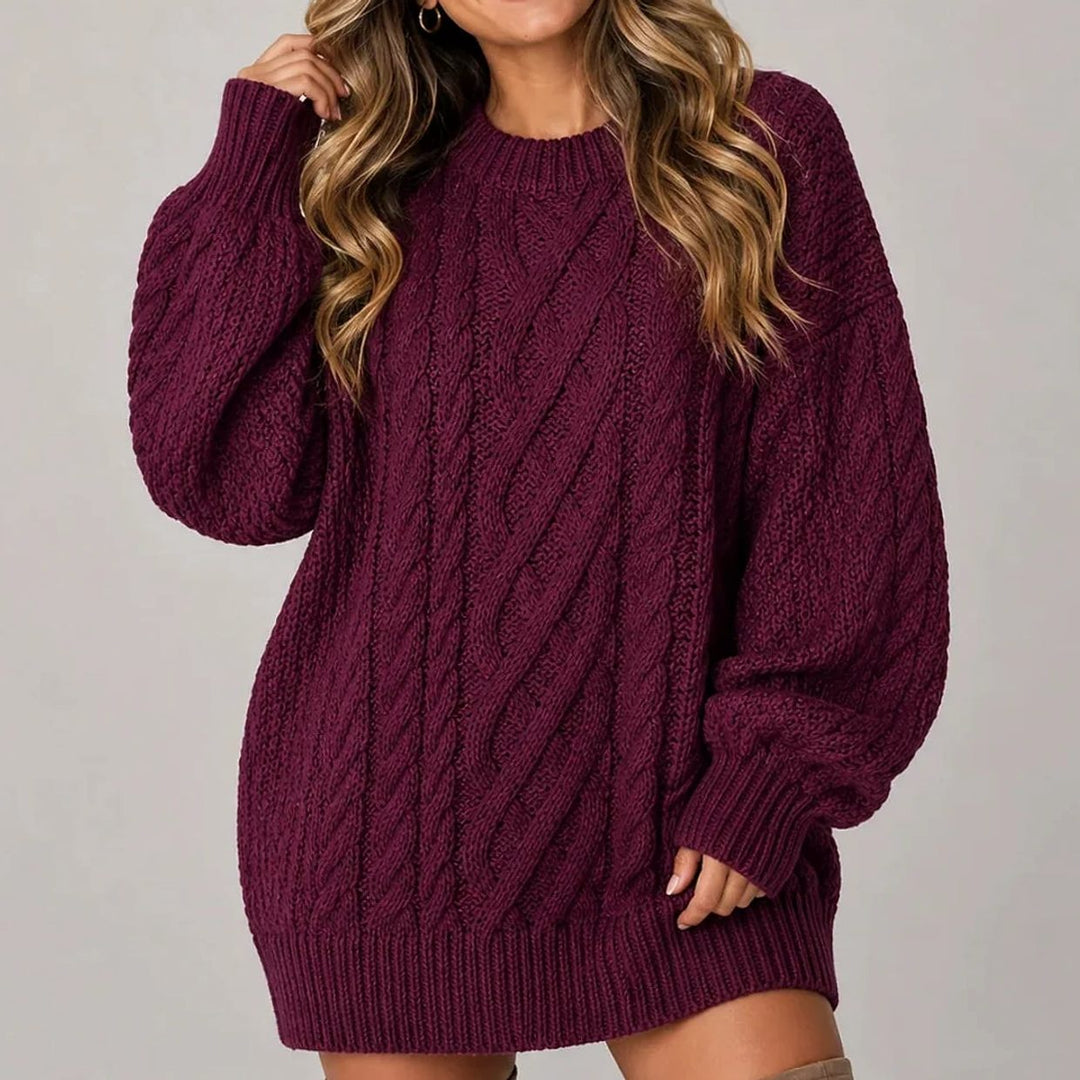 Damen Oversized Strickkleid mit Zopfmuster und langen Ärmeln - Lila