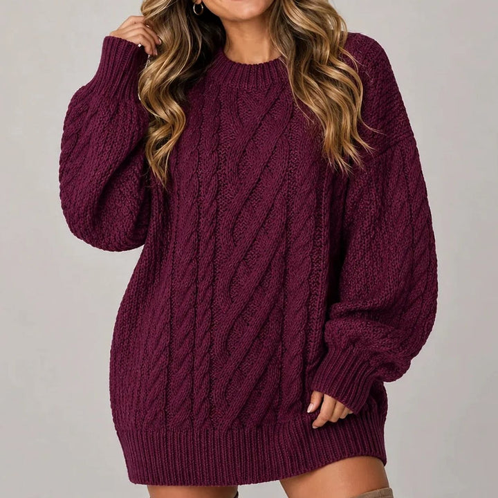 Damen Oversized Strickkleid mit Zopfmuster und langen Ärmeln - Lila
