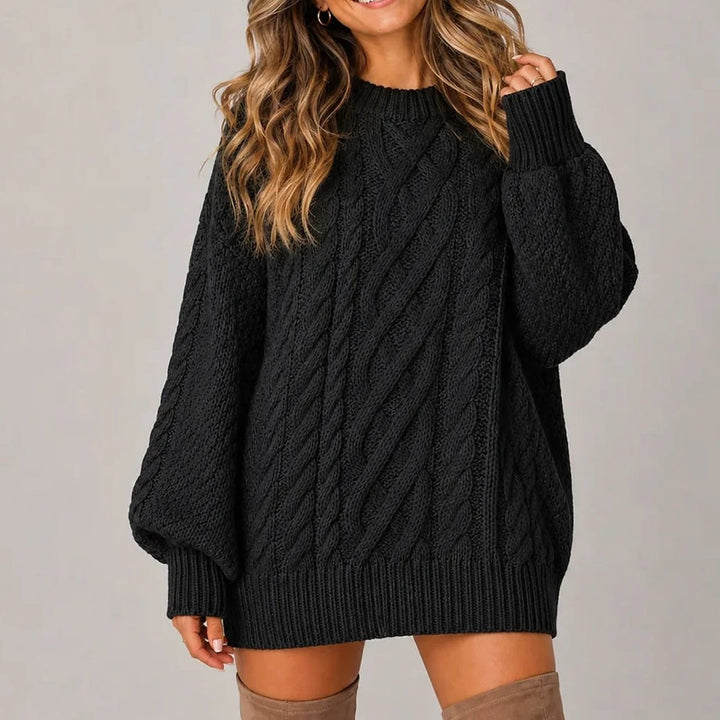 Damen Oversized Strickkleid mit Zopfmuster und langen Ärmeln - Schwarz