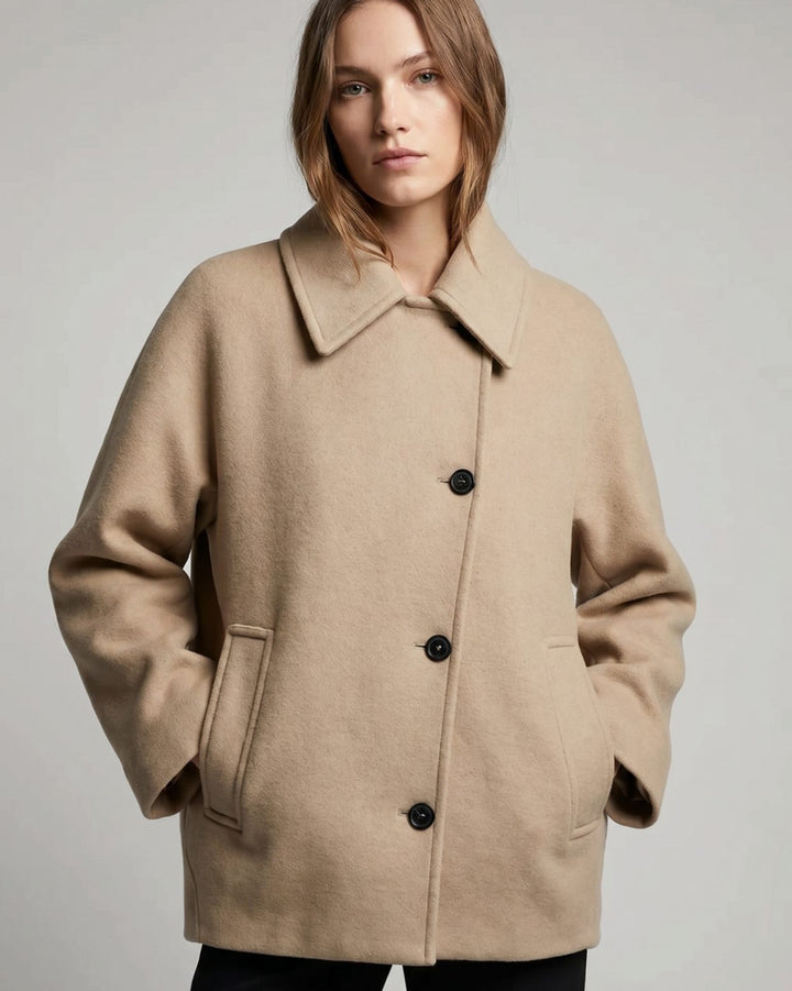 Damen Oversized Wollmantel Kurzmantel mit Knopfleiste Camel - Braun