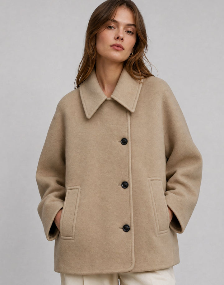 Damen Oversized Wollmantel Kurzmantel mit Knopfleiste Camel