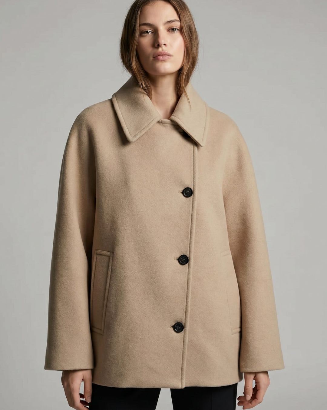 Damen Oversized Wollmantel Kurzmantel mit Knopfleiste Camel