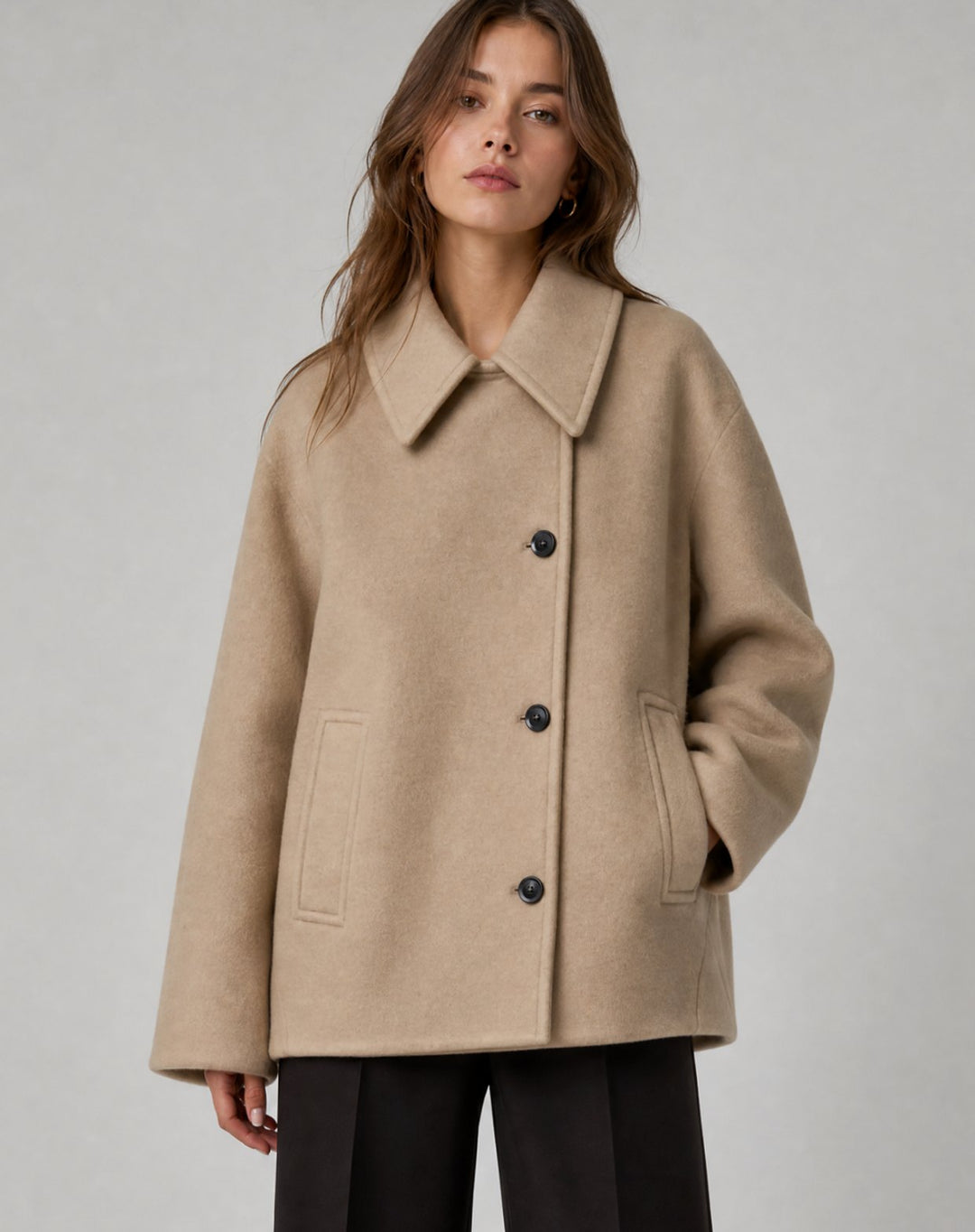 Damen Oversized Wollmantel Kurzmantel mit Knopfleiste Camel