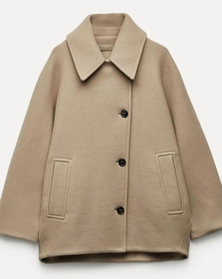 Damen Oversized Wollmantel Kurzmantel mit Knopfleiste Camel