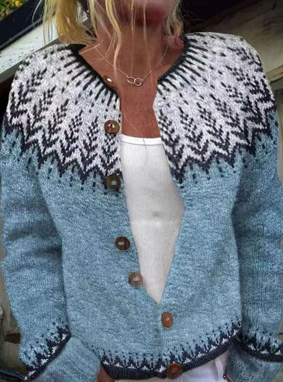 Damen Retro Strickjacke V-Ausschnitt Norwegermuster Knopfleiste