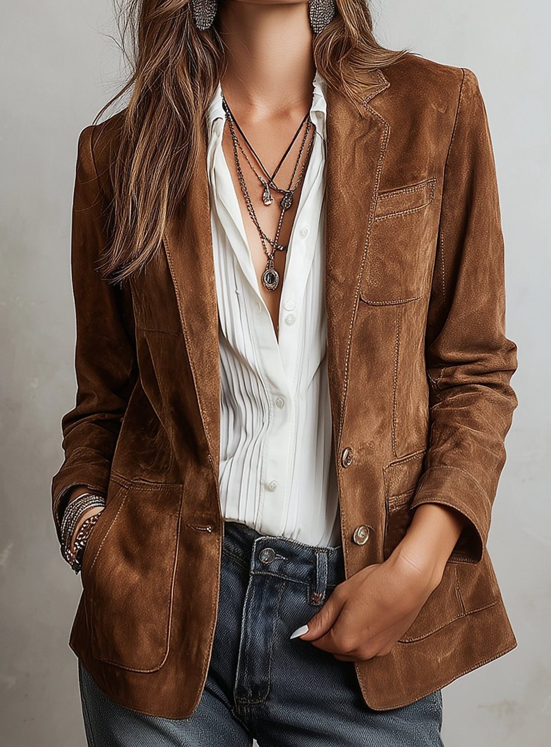 Damen Retro Wildleder-Optik Blazer-Jacke mit Kontrastnähten - Braun