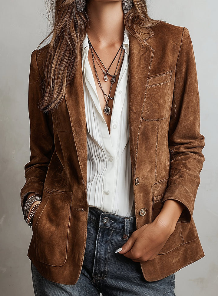 Damen Retro Wildleder-Optik Blazer-Jacke mit Kontrastnähten - Braun