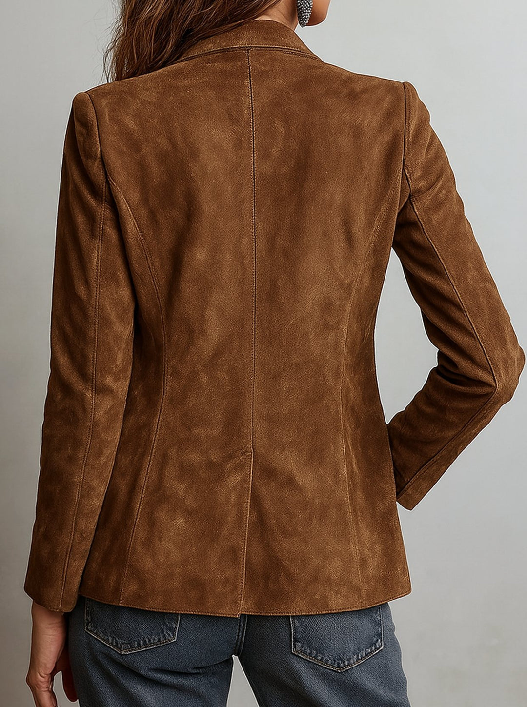 Damen Retro Wildleder-Optik Blazer-Jacke mit Kontrastnähten