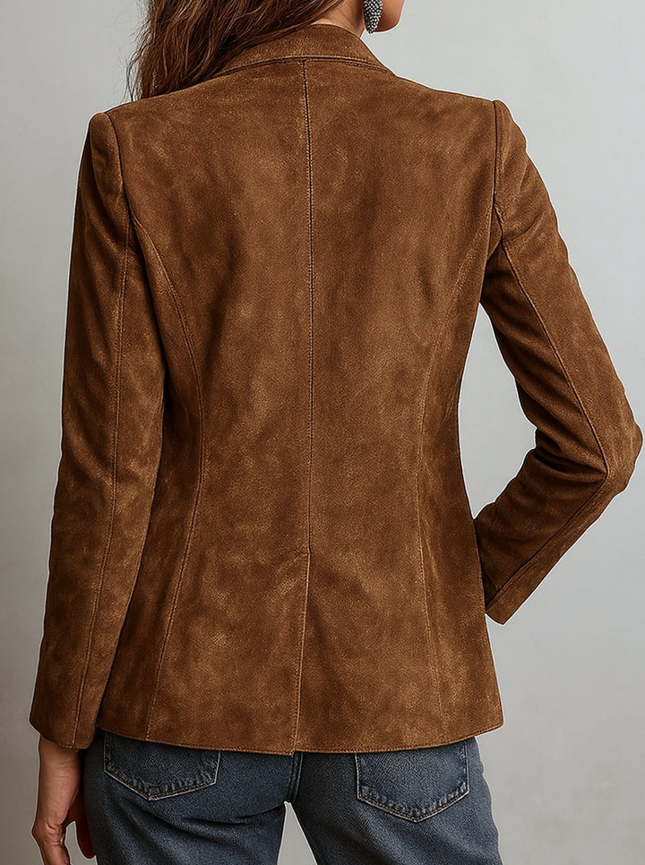 Damen Retro Wildleder-Optik Blazer-Jacke mit Kontrastnähten