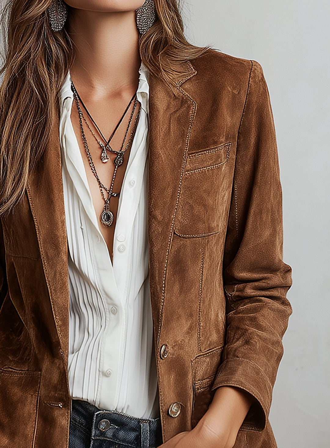 Damen Retro Wildleder-Optik Blazer-Jacke mit Kontrastnähten