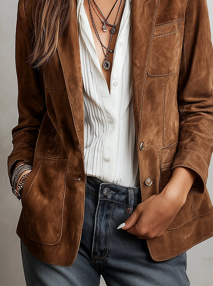 Damen Retro Wildleder-Optik Blazer-Jacke mit Kontrastnähten