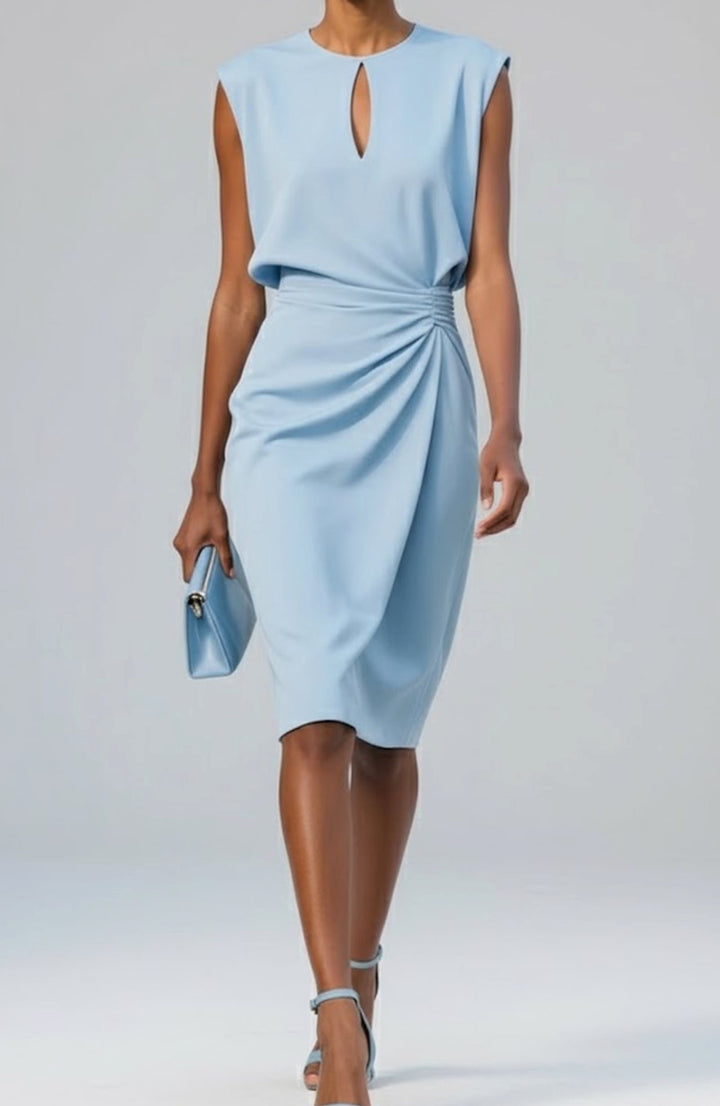 Damen Ärmelloses Midi-Kleid mit Schlüsselloch-Ausschnitt und Raffung - Hellblau