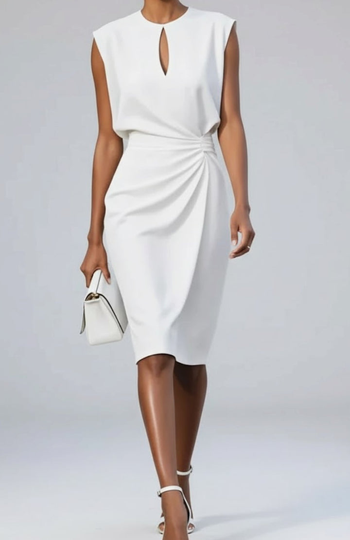 Damen Ärmelloses Midi-Kleid mit Schlüsselloch-Ausschnitt und Raffung - Weiß