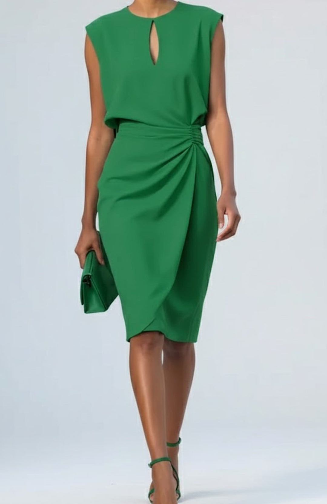 Damen Ärmelloses Midi-Kleid mit Schlüsselloch-Ausschnitt und Raffung - Grün