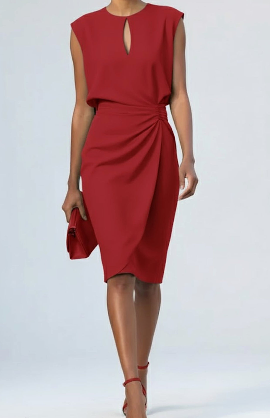 Damen Ärmelloses Midi-Kleid mit Schlüsselloch-Ausschnitt und Raffung - Rot