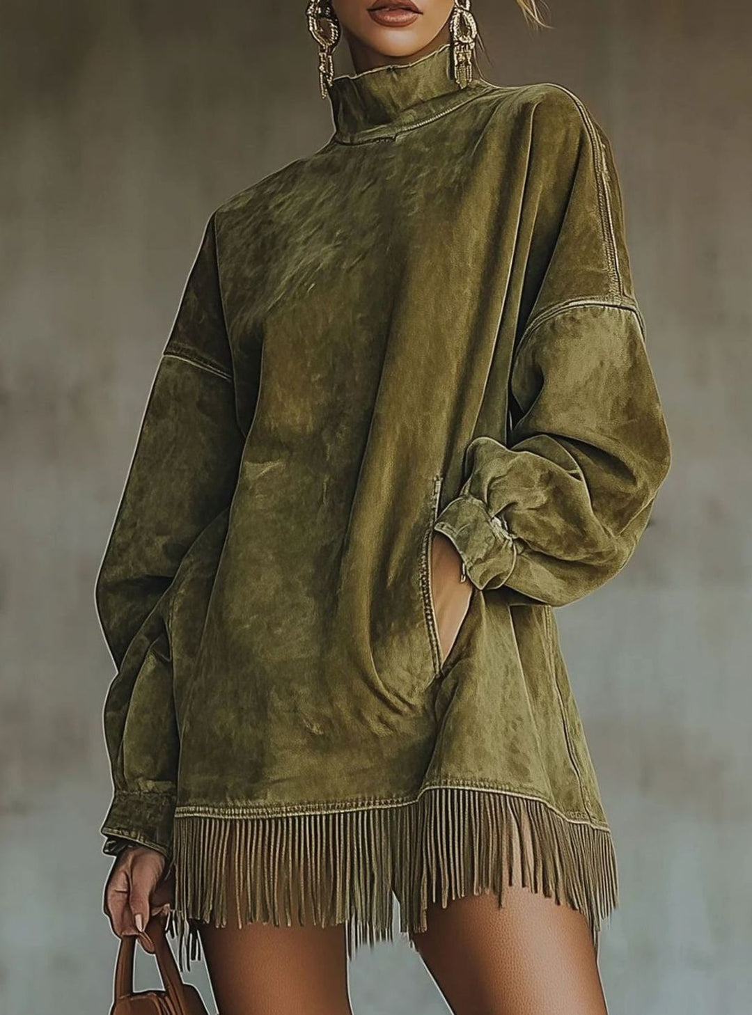 Damen Rollkragenpullover Kleid Oversized Kunstwildleder Fransenhem - Grün
