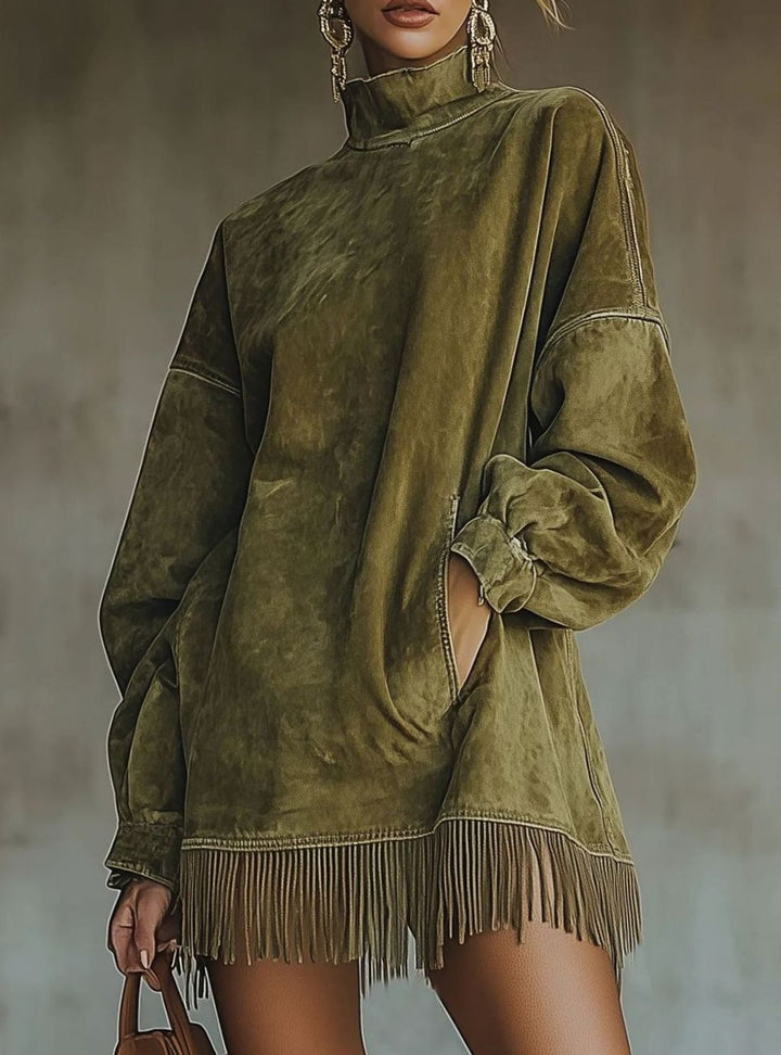Damen Rollkragenpullover Kleid Oversized Kunstwildleder Fransenhem - Grün