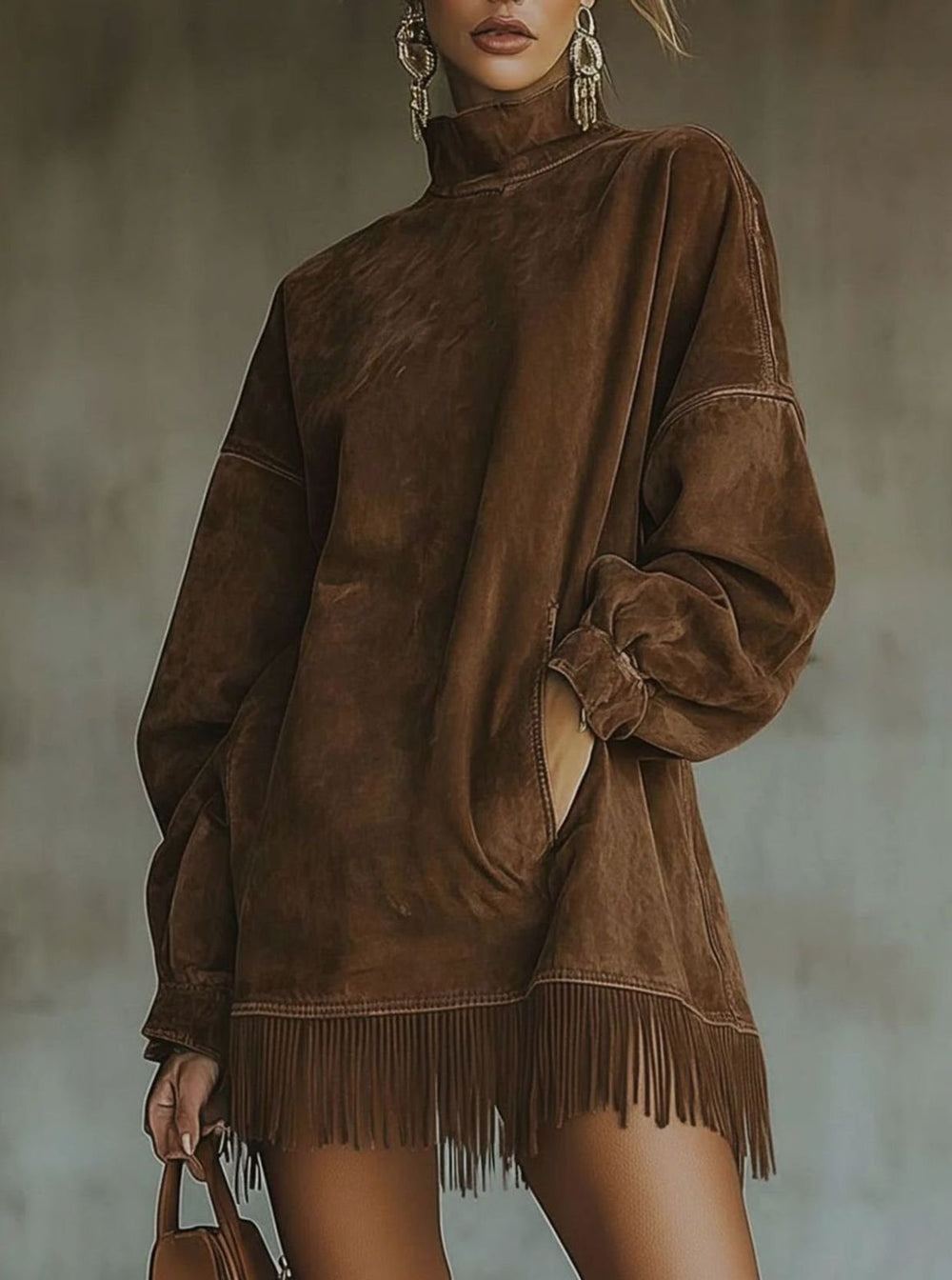 Damen Rollkragenpullover Kleid Oversized Kunstwildleder Fransenhem - Braun