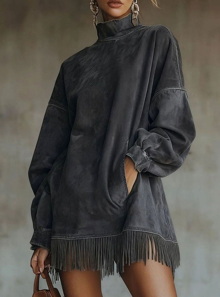 Damen Rollkragenpullover Kleid Oversized Kunstwildleder Fransenhem - Dunkelgrau