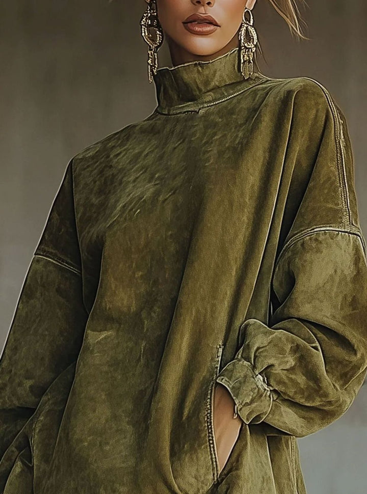 Damen Rollkragenpullover Kleid Oversized Kunstwildleder Fransenhem