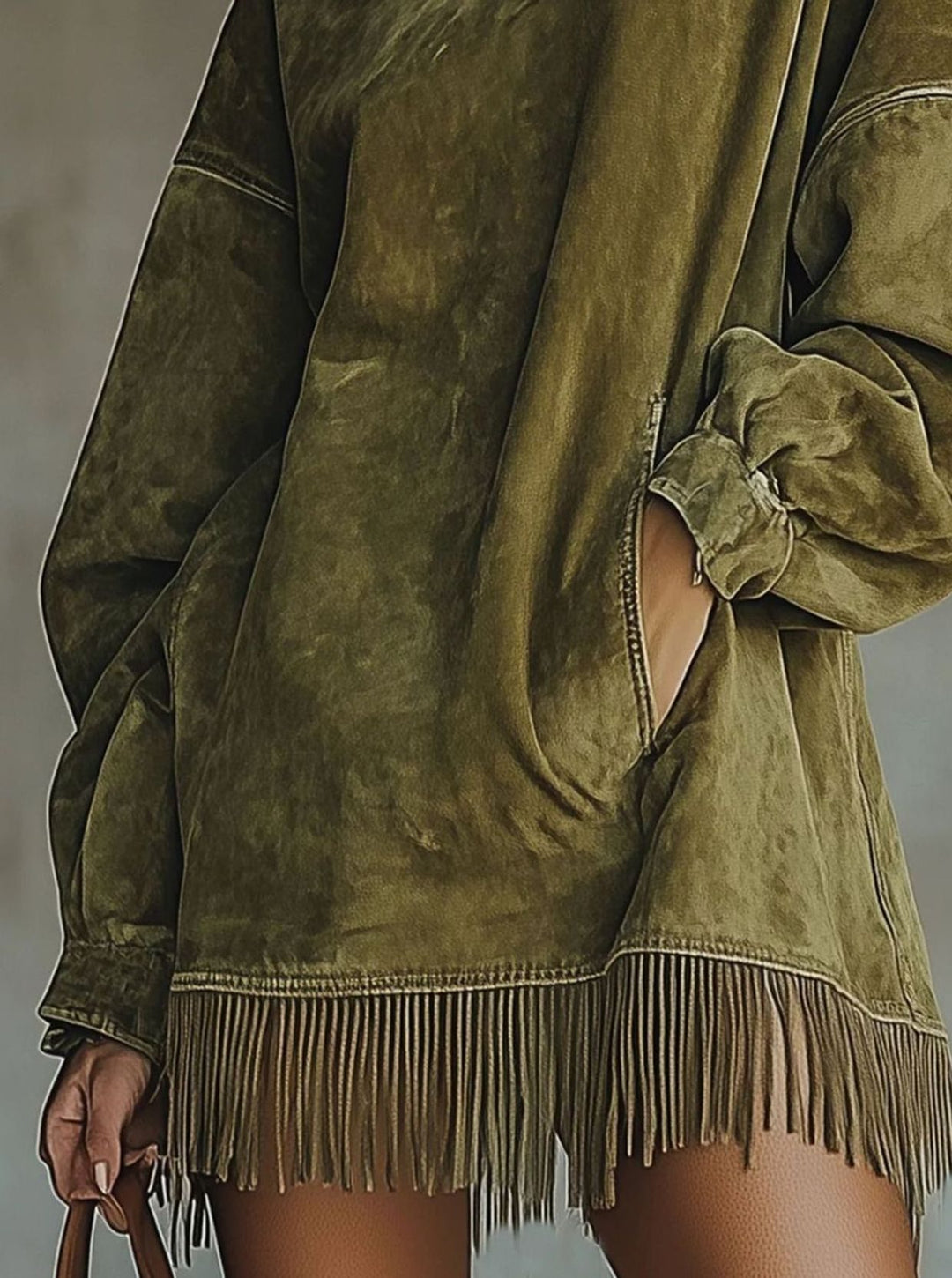 Damen Rollkragenpullover Kleid Oversized Kunstwildleder Fransenhem