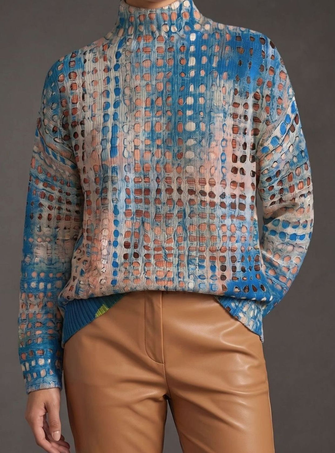 Damen Rollkragenpullover mit Gittermuster in Blau-Beige