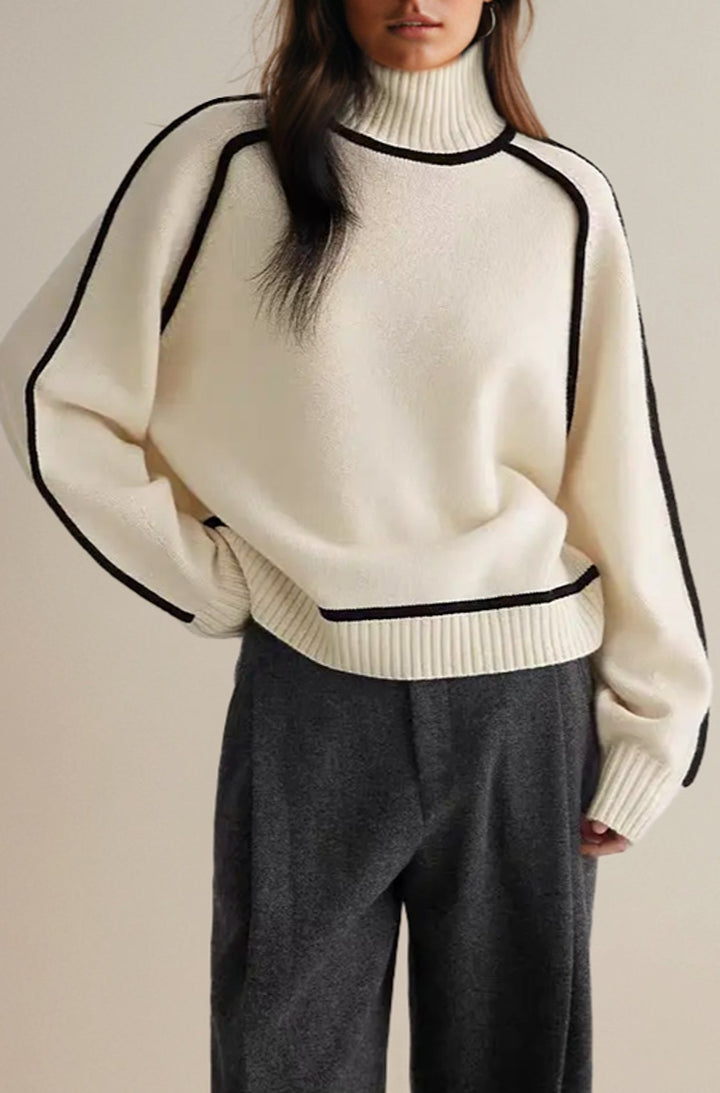 Damen Rollkragenpullover Relaxed-Fit Strickpullover mit Kontrastpaspel