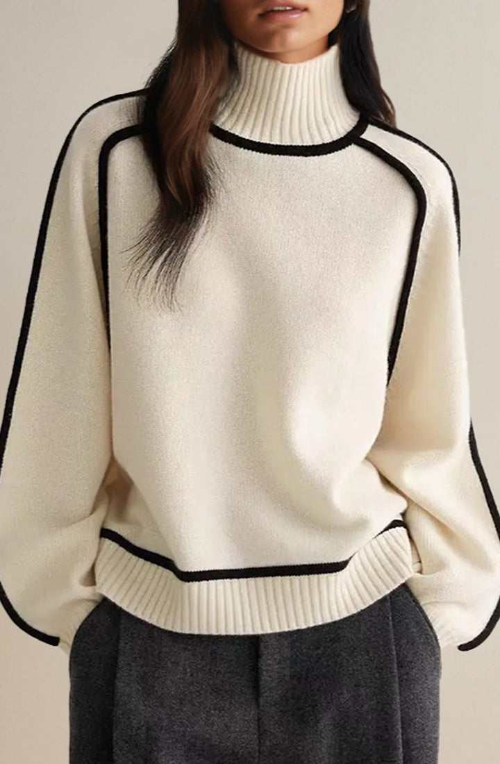 Damen Rollkragenpullover Relaxed-Fit Strickpullover mit Kontrastpaspel - Weiß