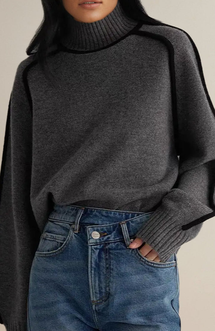 Damen Rollkragenpullover Relaxed-Fit Strickpullover mit Kontrastpaspel - Grau