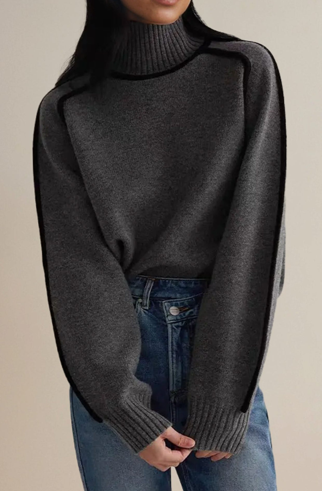 Damen Rollkragenpullover Relaxed-Fit Strickpullover mit Kontrastpaspel