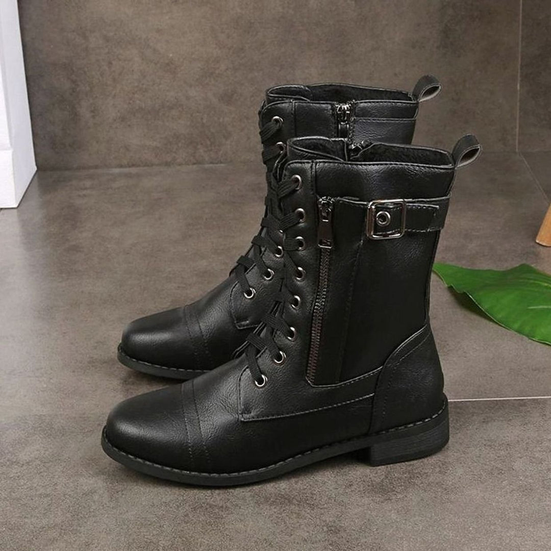 Damen Schnürstiefeletten Veganes Leder Reißverschluss Blockabsatz - Schwarz