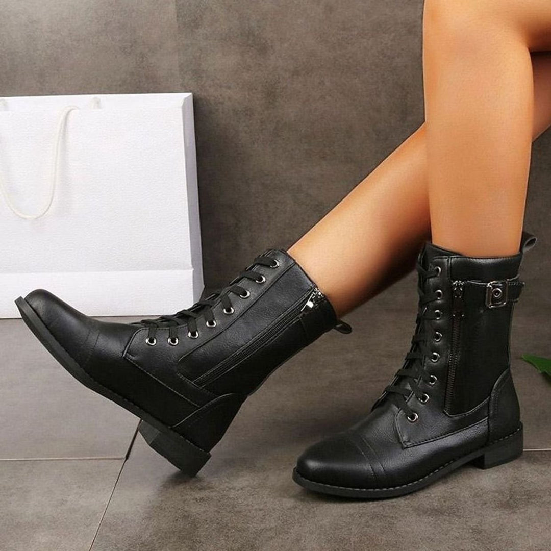 Damen Schnürstiefeletten Veganes Leder Reißverschluss Blockabsatz