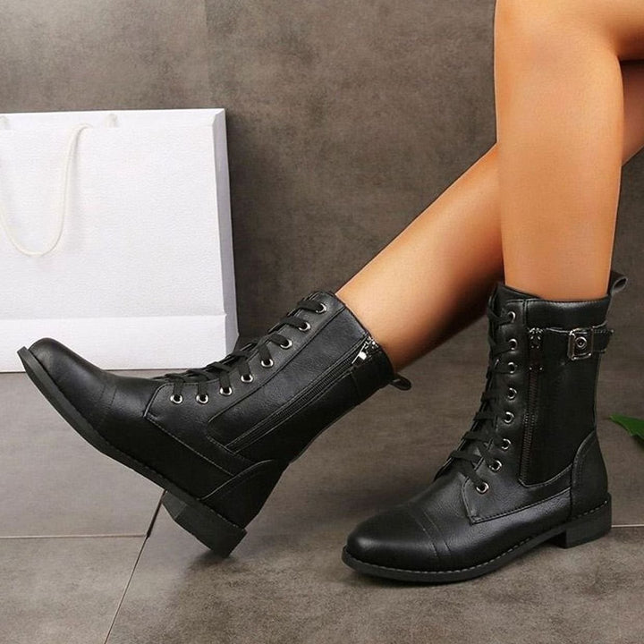Damen Schnürstiefeletten Veganes Leder Reißverschluss Blockabsatz