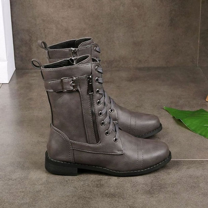 Damen Schnürstiefeletten Veganes Leder Reißverschluss Blockabsatz - Grau
