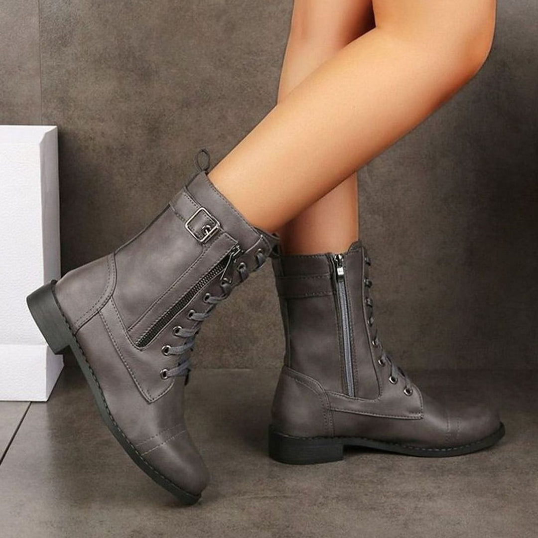 Damen Schnürstiefeletten Veganes Leder Reißverschluss Blockabsatz